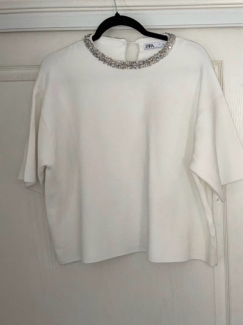 Zara-White  Embellished Neck Short Sleeve Tops